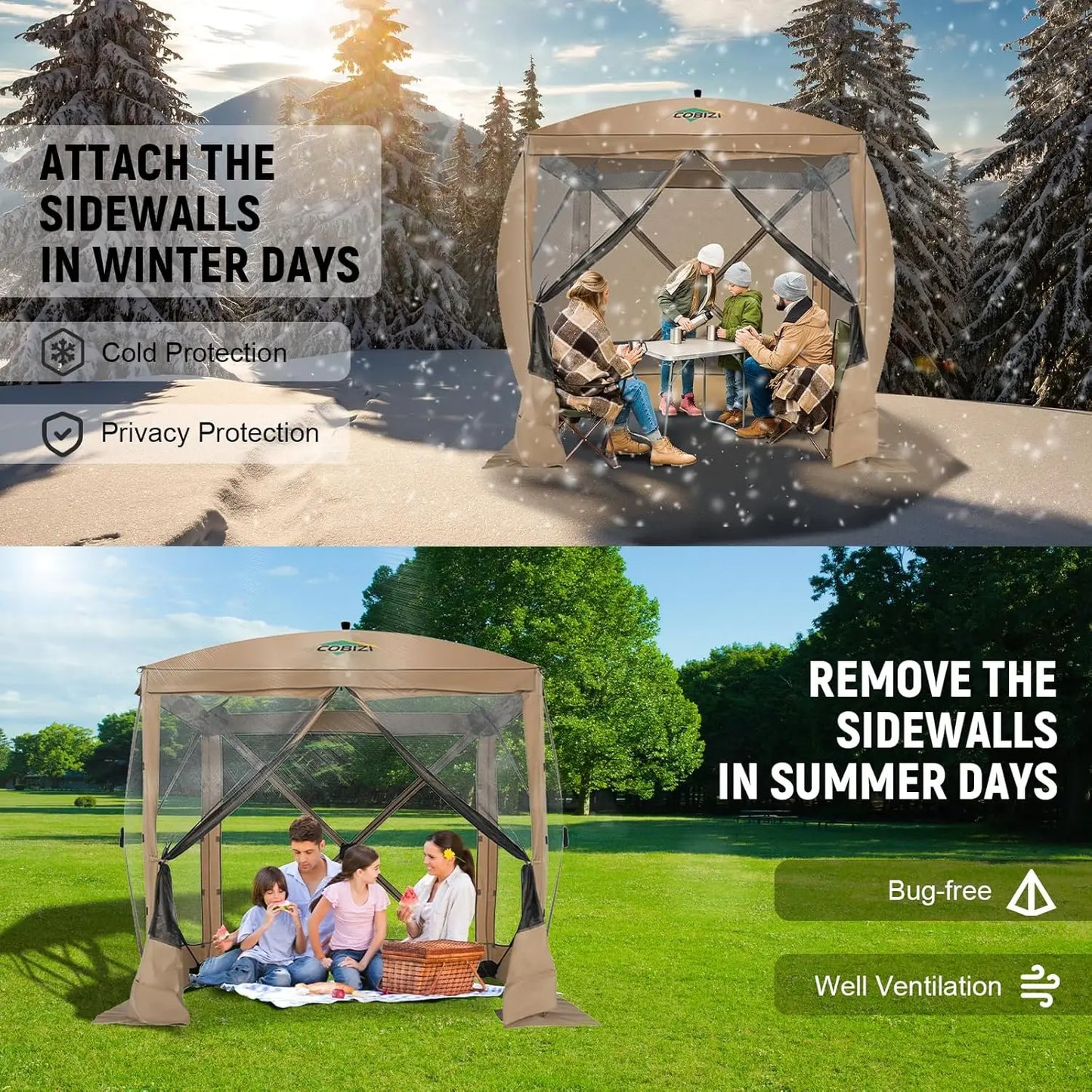 8x8ft Pop Up Gazebo Screen Tent Portable Outdoor Canopy Sunshade Shelter Awning With Carry Bag Ground Stakes With 3 Sidewall