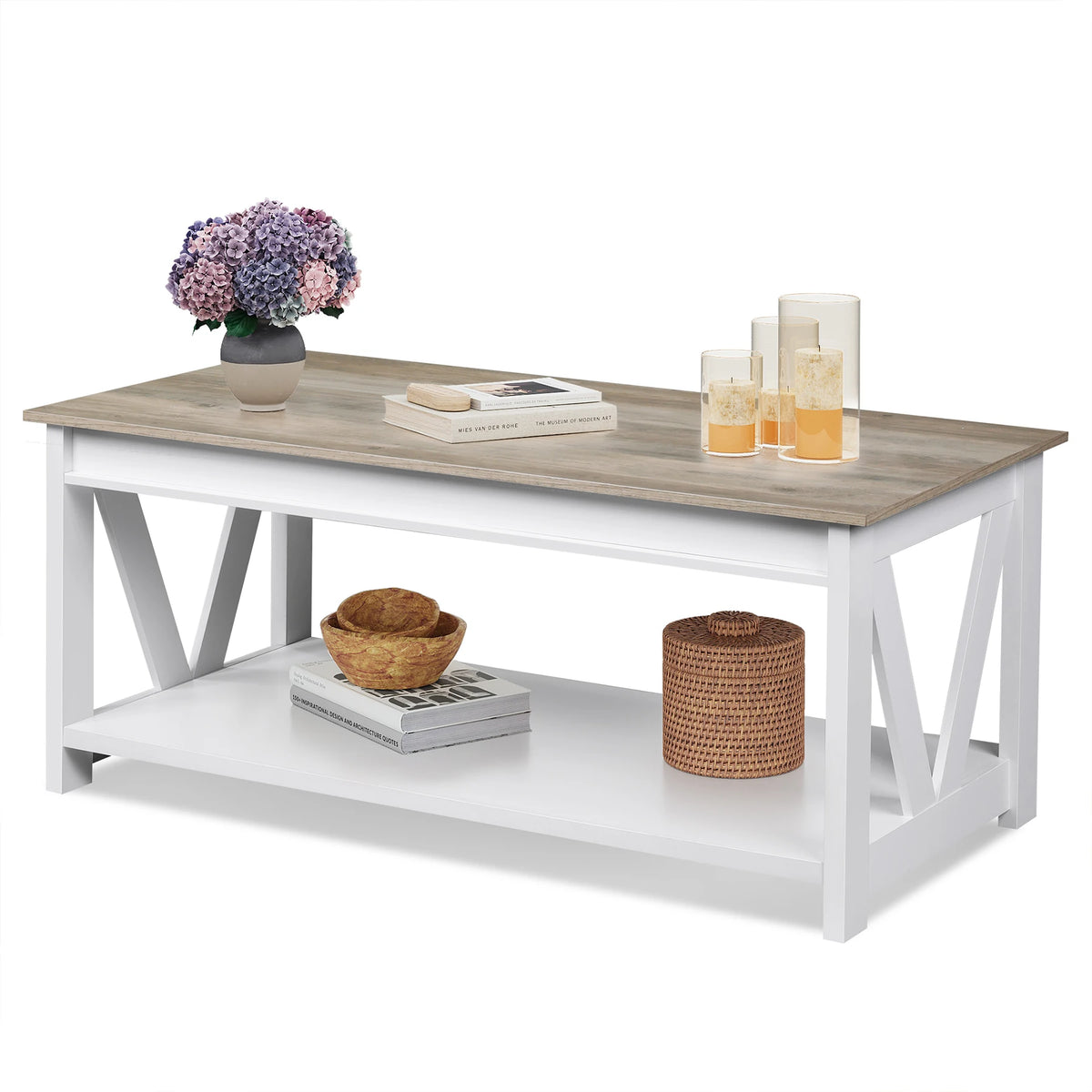 GALAXHERO Coffee Table Storage Shelf Sturdy V Shaped Support Farmhouse Wood Center Table for Living Room Bedroom Office Balcony