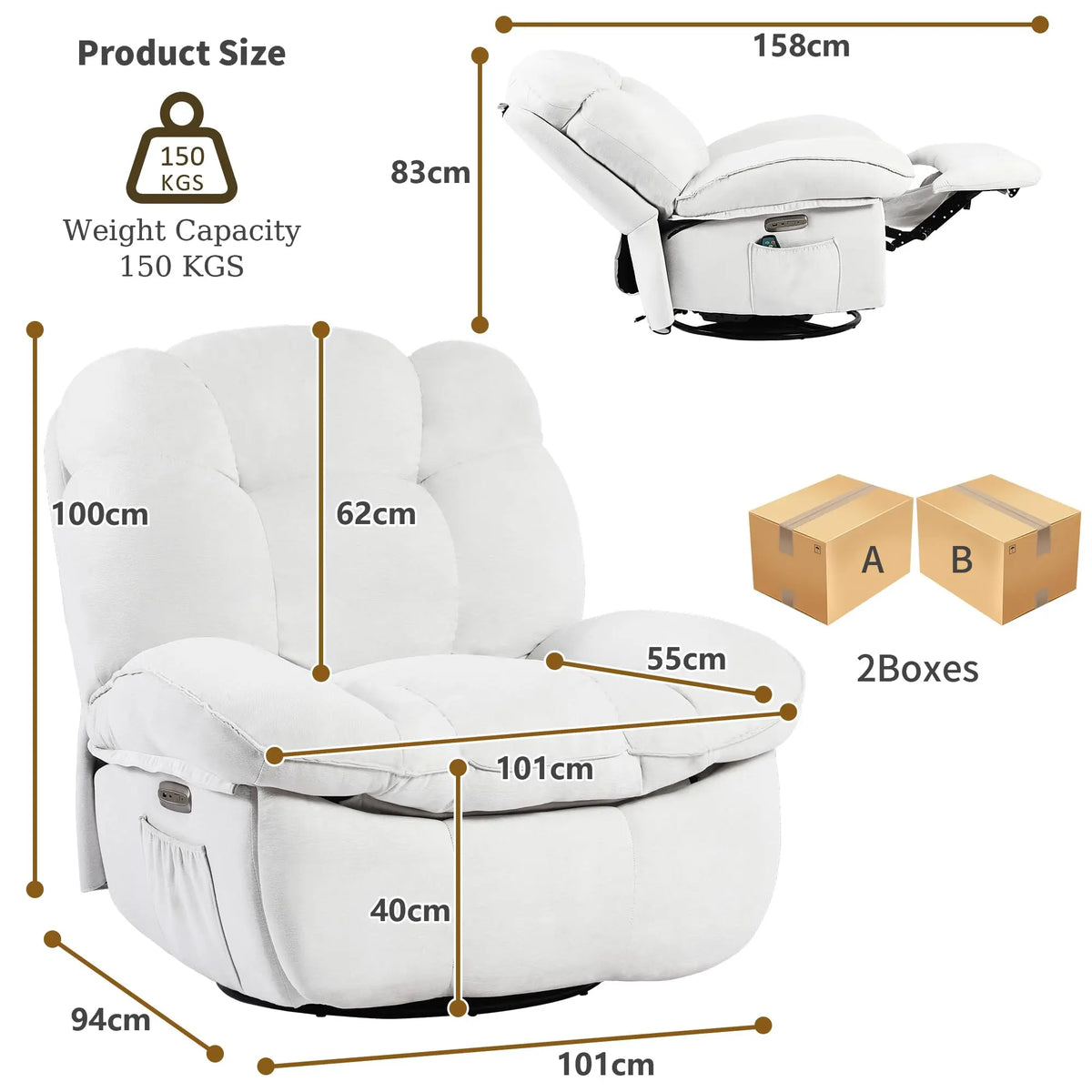 Electric Recliner Relax Chair with Heating, USB-A and USB-C Charging Ports for Bedroom, Living Room, Study - White