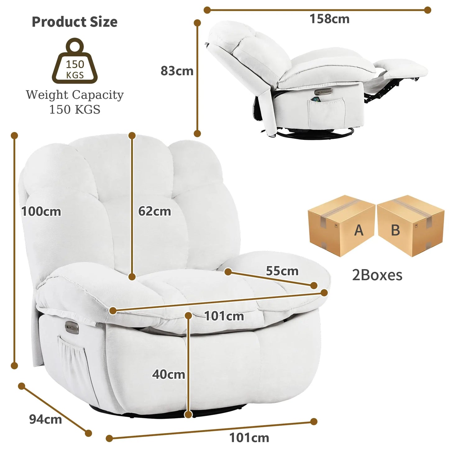 Electric Recliner Relax Chair with Heating, USB-A and USB-C Charging Ports for Bedroom, Living Room, Study - White