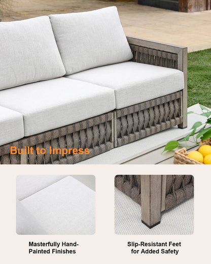 SeeHill 3-Seater Outdoor Sofa, Aluminum Patio Couch with Washable Cushions, Rope Weave Deep Seating Sofa for Garden, Gray Oak