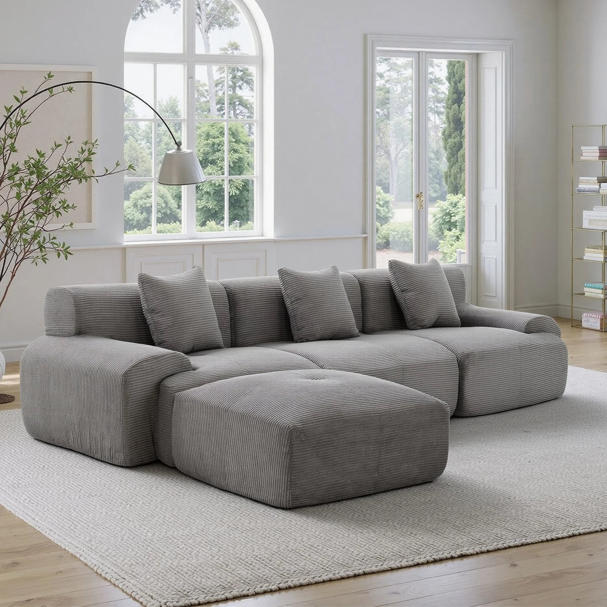 Dark Grey Modular Corduroy Sectional Sofa, Free Combination Lounge Couch with Ottoman, Modern Modular Sofa Set for Living Room