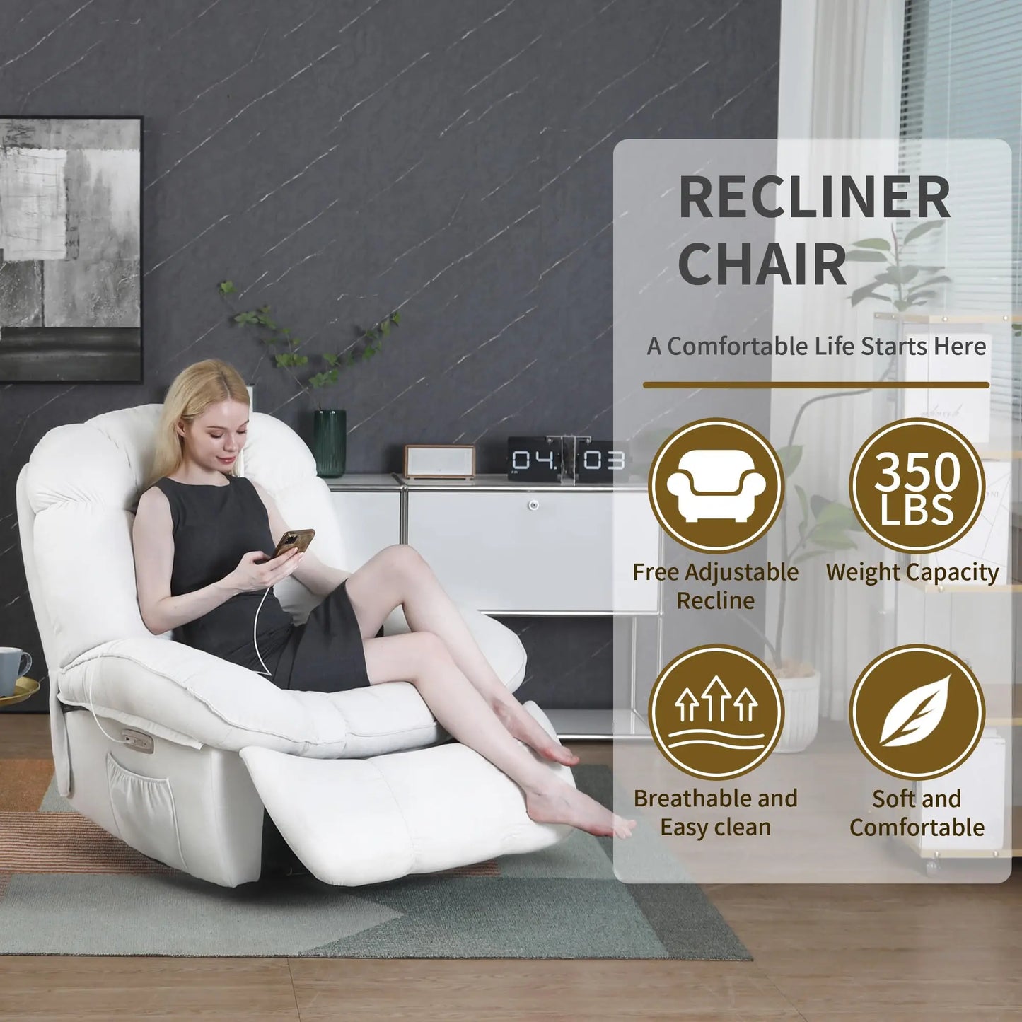 Electric Recliner Relax Chair with Heating, USB-A and USB-C Charging Ports for Bedroom, Living Room, Study - White