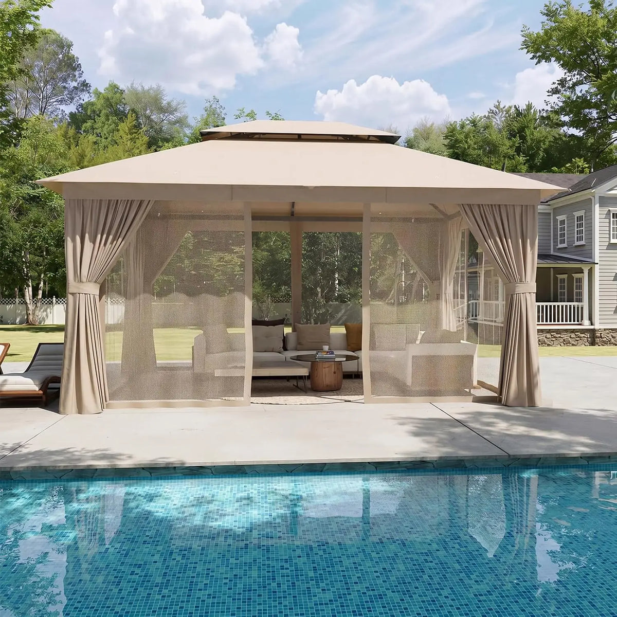 Aoxun 12x10 Heavy Duty Gazebo with Curtain and Mosquito Netting Double Roof Patio Tent Zipper Screen Backyard Garden Lawn Shelter Beige