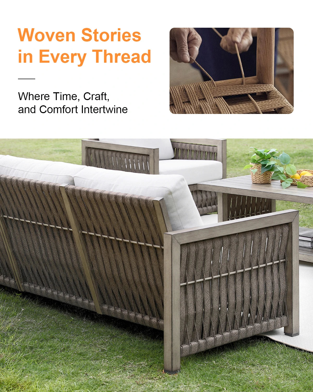 SeeHill 3-Seater Outdoor Sofa, Aluminum Patio Couch with Washable Cushions, Rope Weave Deep Seating Sofa for Garden, Gray Oak
