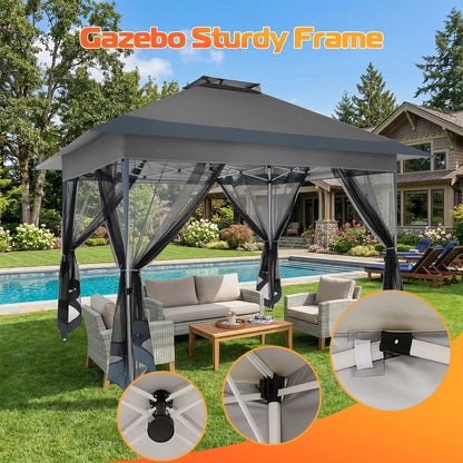 13x13FT Pop Up Gazebos On Clearance Canopy Tent- Upgrade Metal Outdoor Canopy Waterproof - Portable Gazebo with Mosquito Nettings, 4 Ropes 8 Stakes and Carry Bag for Patio Garden