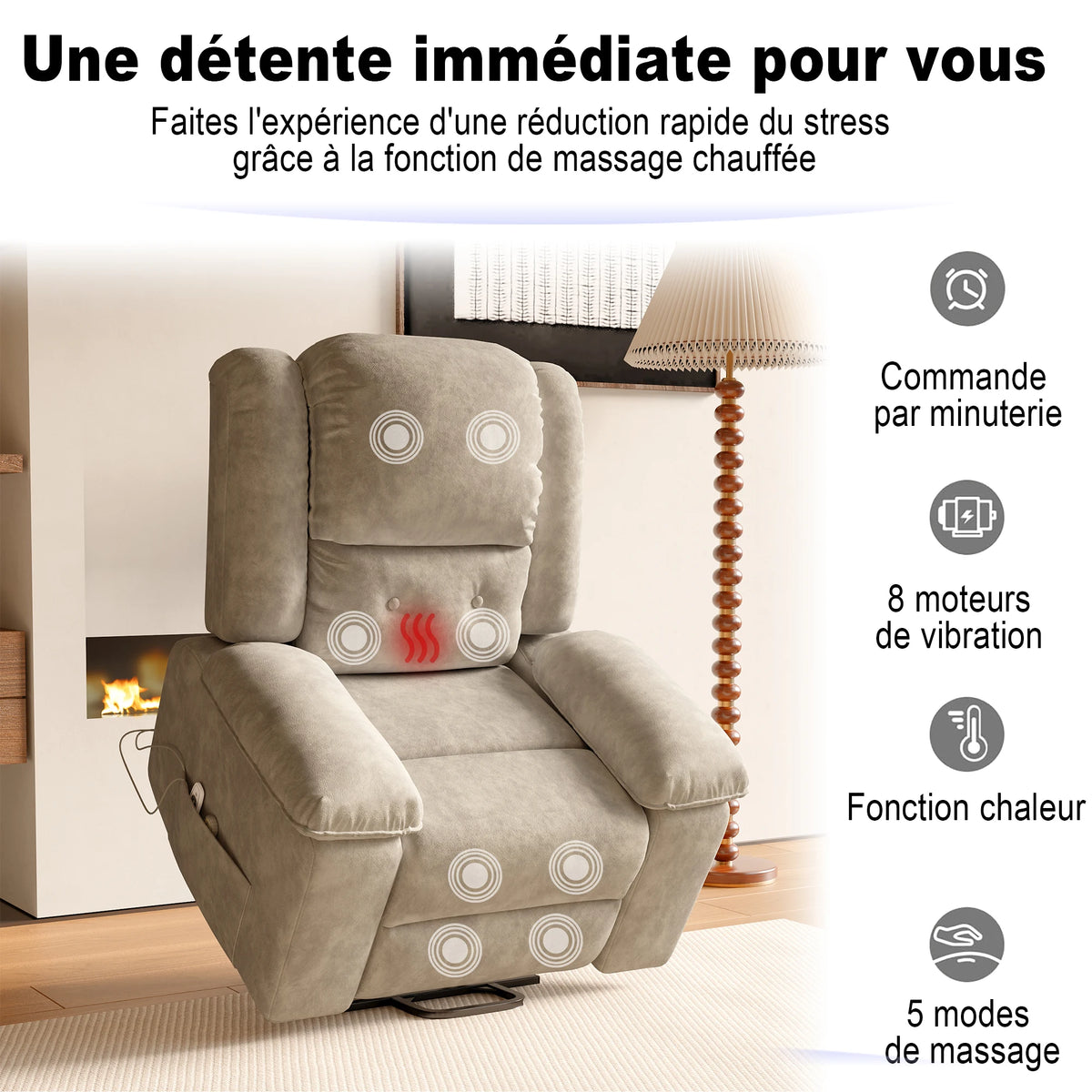 Electric heated Massage Armchair, Armchair Relaxation with reclinting function, vibrating Massage and heating, Gray