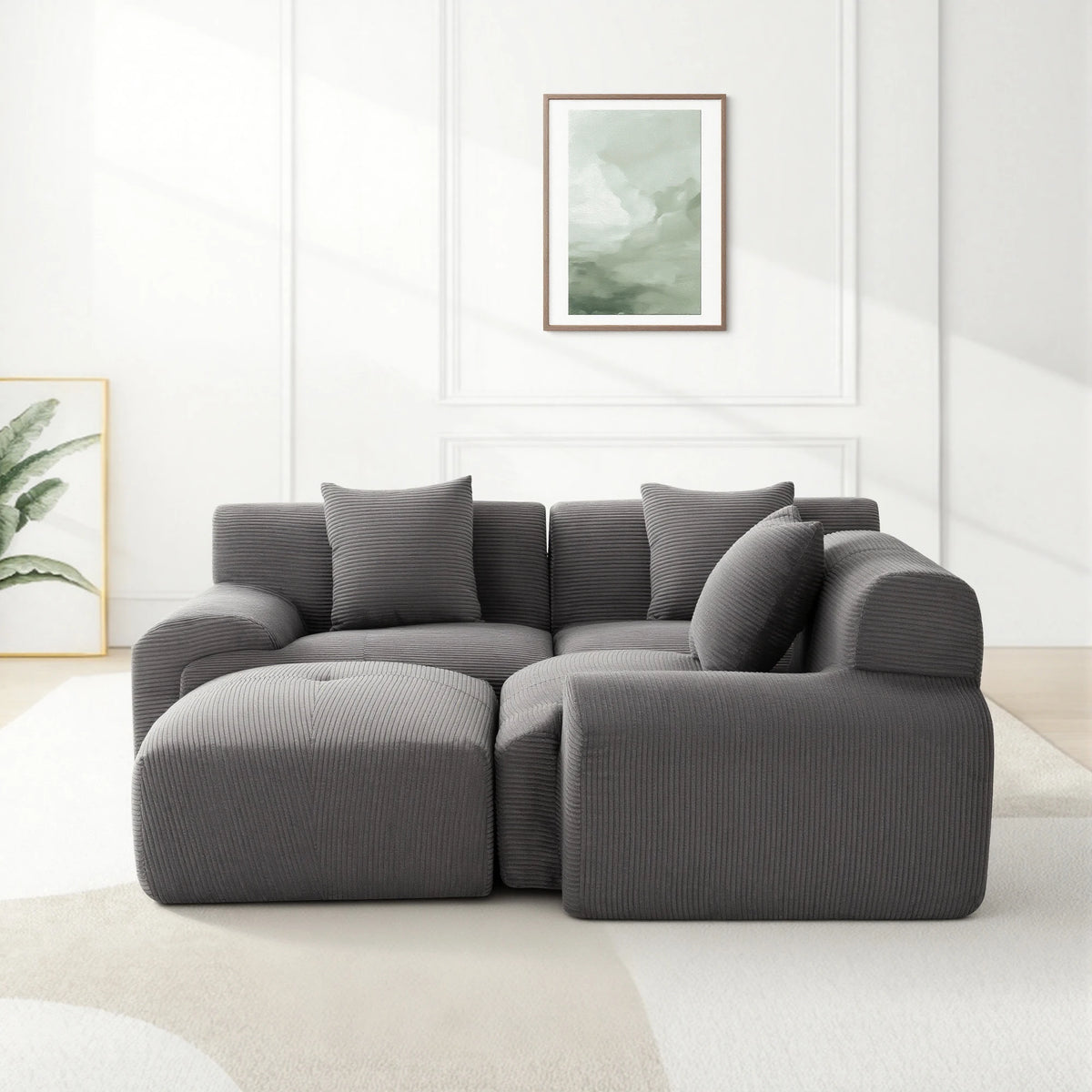 Dark Grey Modular Corduroy Sectional Sofa, Free Combination Lounge Couch with Ottoman, Modern Modular Sofa Set for Living Room