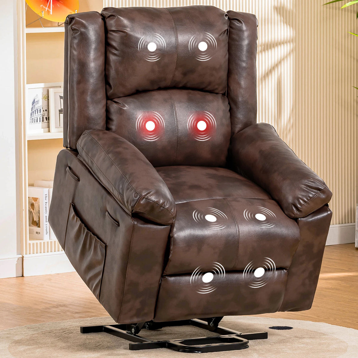 Comhoma Power Lift Recliner for Elderly, Lift Chair with Heat and Massage, Pu Recliner Sofa with Timing Function, Brown