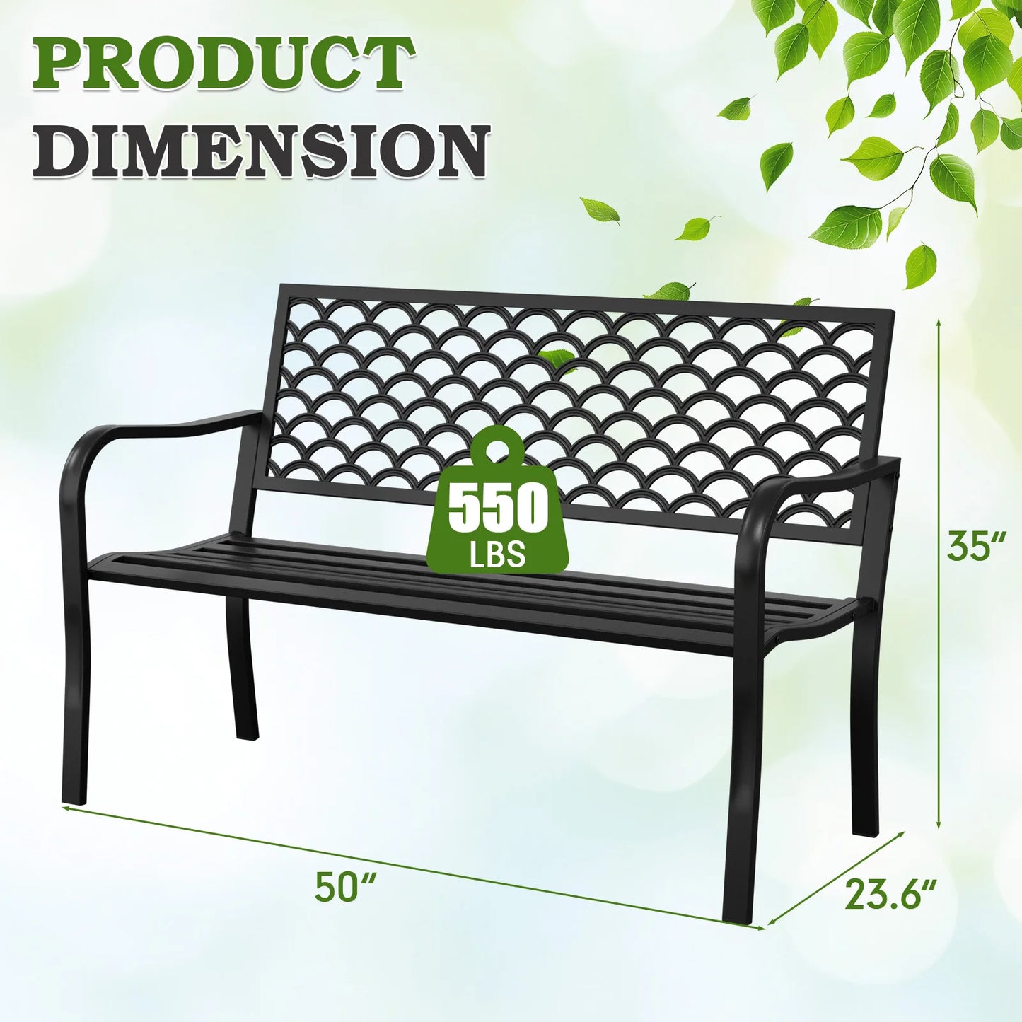 50" Heavy-Duty Garden Bench,600LBS Wrought Iron Welcome Patio Bench with PVC Back and, Outdoor Bench with Armrests for Porch