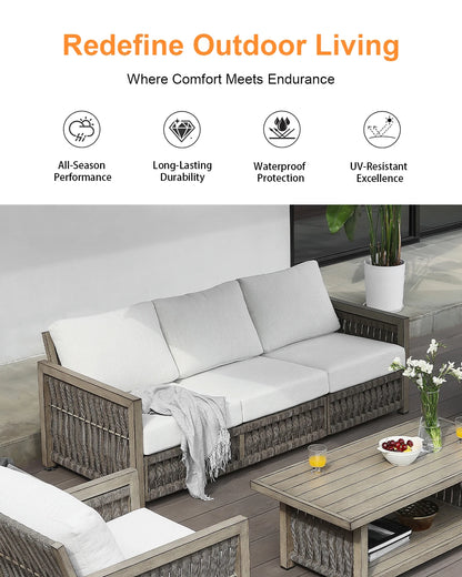 SeeHill 3-Seater Outdoor Sofa, Aluminum Patio Couch with Washable Cushions, Rope Weave Deep Seating Sofa for Garden, Gray Oak