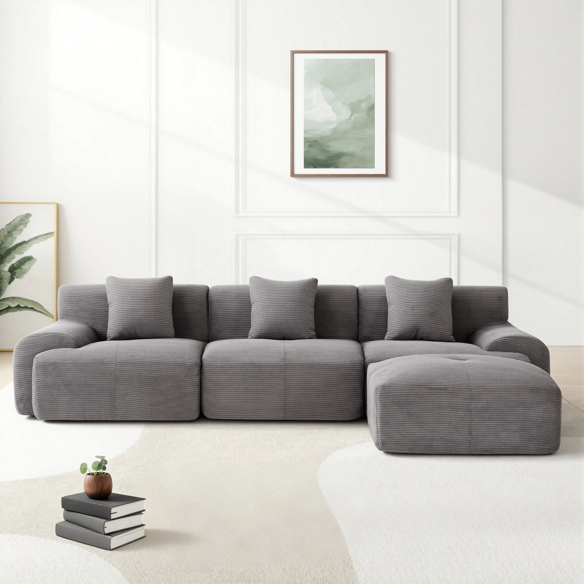 Dark Grey Modular Corduroy Sectional Sofa, Free Combination Lounge Couch with Ottoman, Modern Modular Sofa Set for Living Room