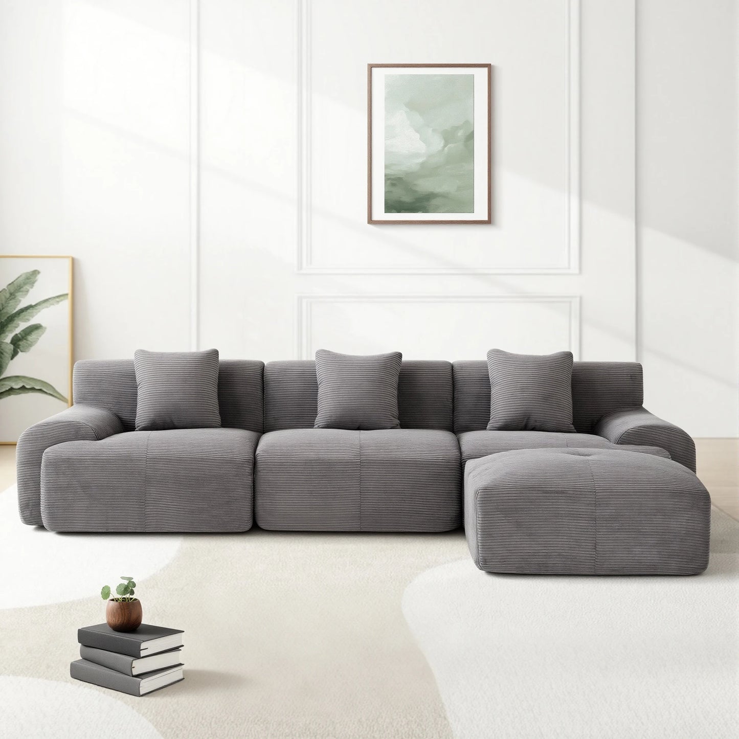Dark Grey Modular Corduroy Sectional Sofa, Free Combination Lounge Couch with Ottoman, Modern Modular Sofa Set for Living Room