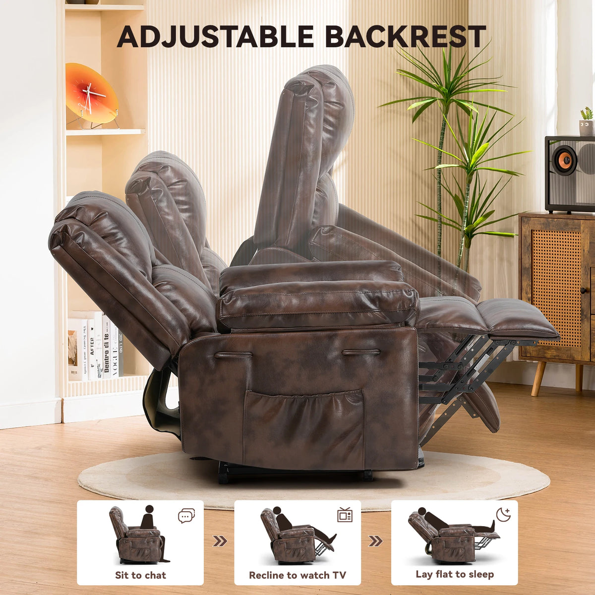 Comhoma Power Lift Recliner for Elderly, Lift Chair with Heat and Massage, Pu Recliner Sofa with Timing Function, Brown