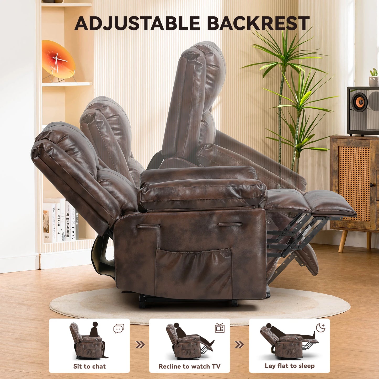 Comhoma Power Lift Recliner for Elderly, Lift Chair with Heat and Massage, Pu Recliner Sofa with Timing Function, Brown