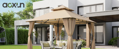 Aoxun 10x10FT Gazebo with Mosquito Netting Double Roof Outdoor Party Tent with Zipper Screens for Backyard Garden