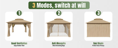 Aoxun 12x10 Heavy Duty Gazebo with Curtain and Mosquito Netting Double Roof Patio Tent Zipper Screen Backyard Garden Lawn Shelter Beige