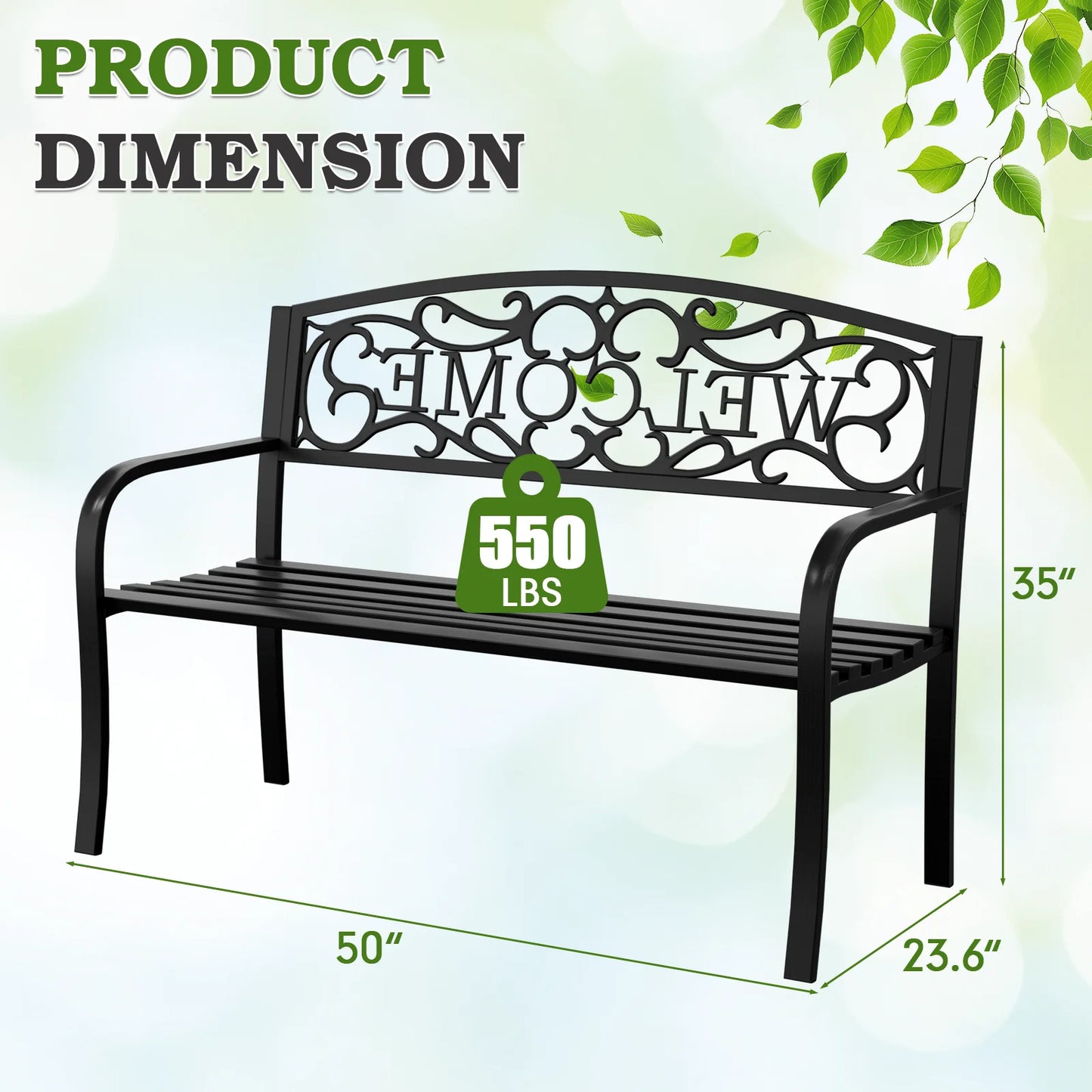 50" Heavy-Duty Garden Bench,600LBS Wrought Iron Welcome Patio Bench with PVC Back and, Outdoor Bench with Armrests for Porch