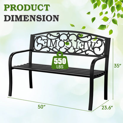 50" Heavy-Duty Garden Bench,600LBS Wrought Iron Welcome Patio Bench with PVC Back and, Outdoor Bench with Armrests for Porch