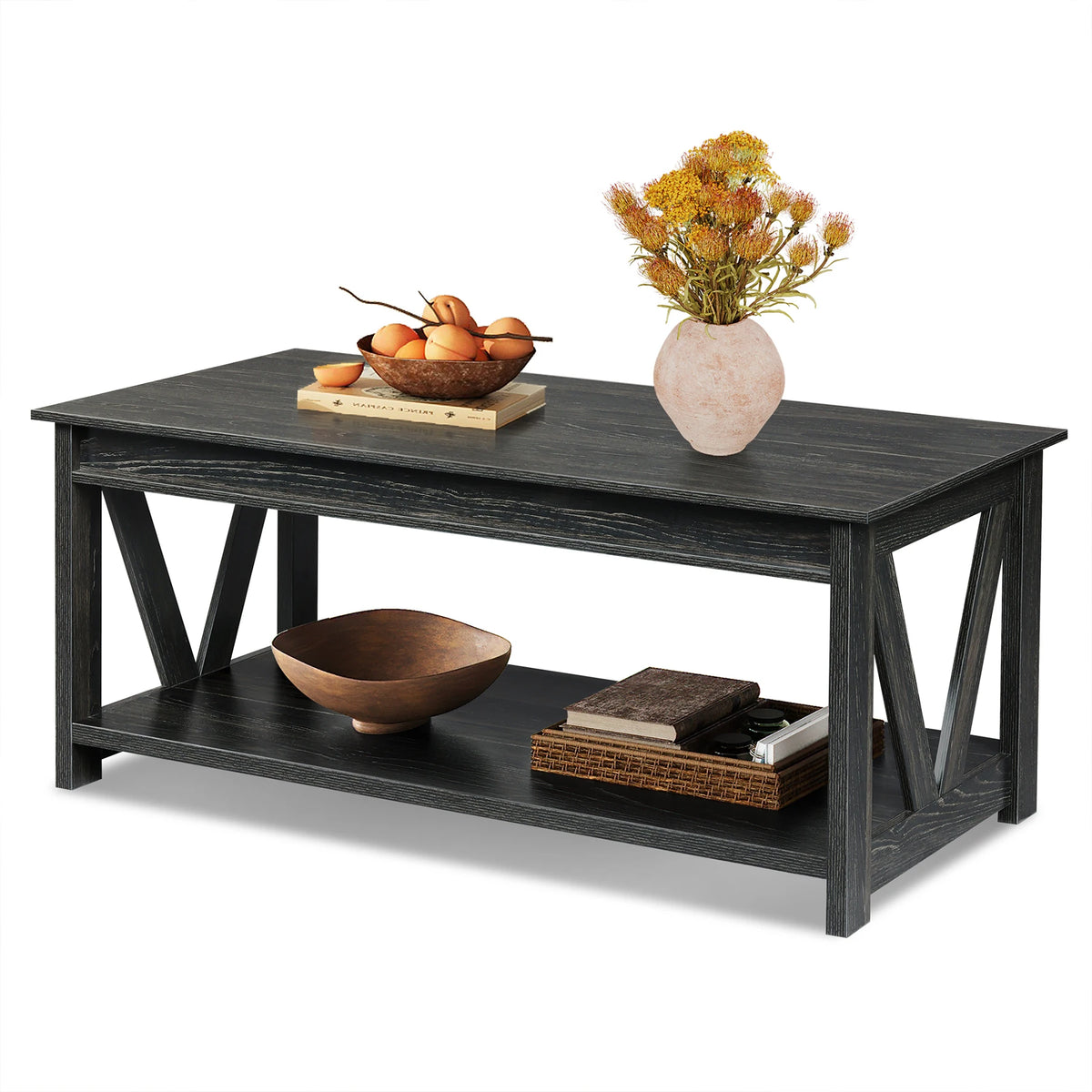 GALAXHERO Coffee Table Storage Shelf Sturdy V Shaped Support Farmhouse Wood Center Table for Living Room Bedroom Office Balcony