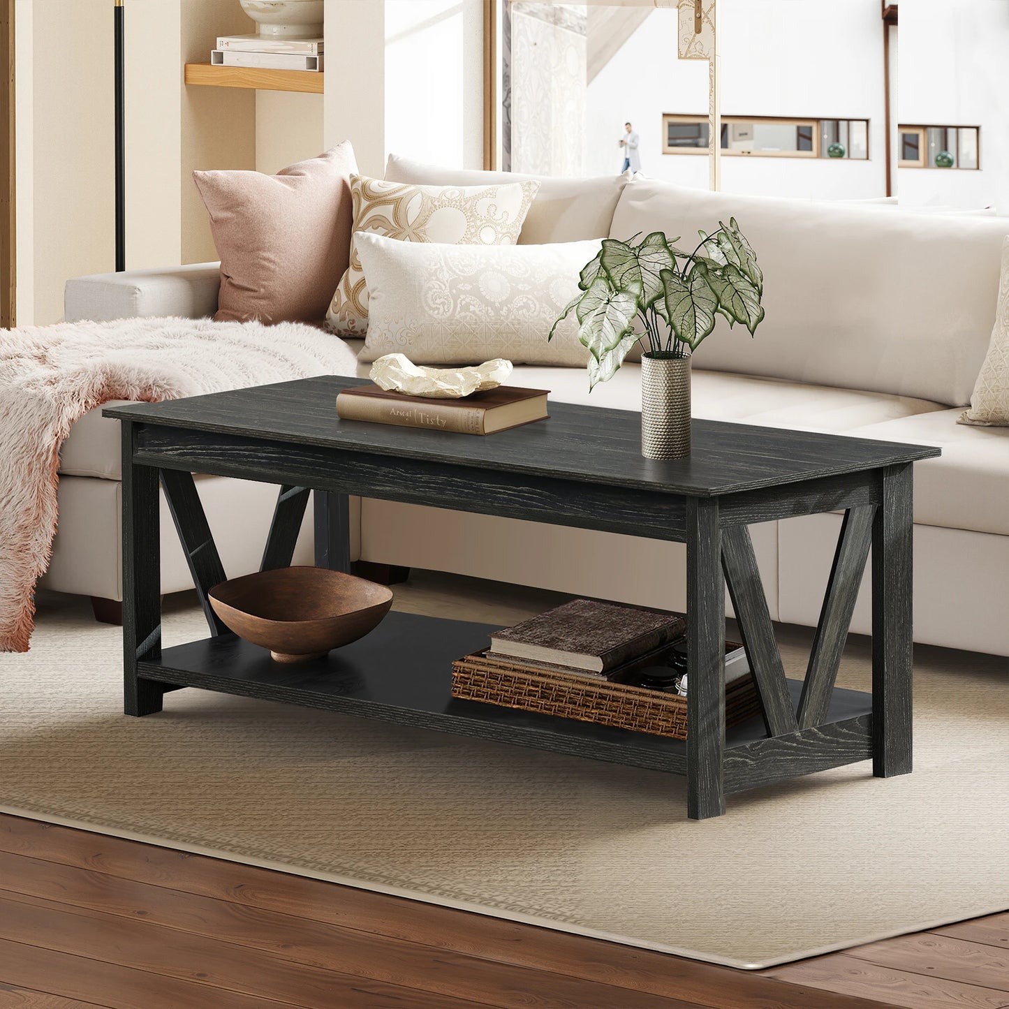 GALAXHERO Coffee Table Storage Shelf Sturdy V Shaped Support Farmhouse Wood Center Table for Living Room Bedroom Office Balcony
