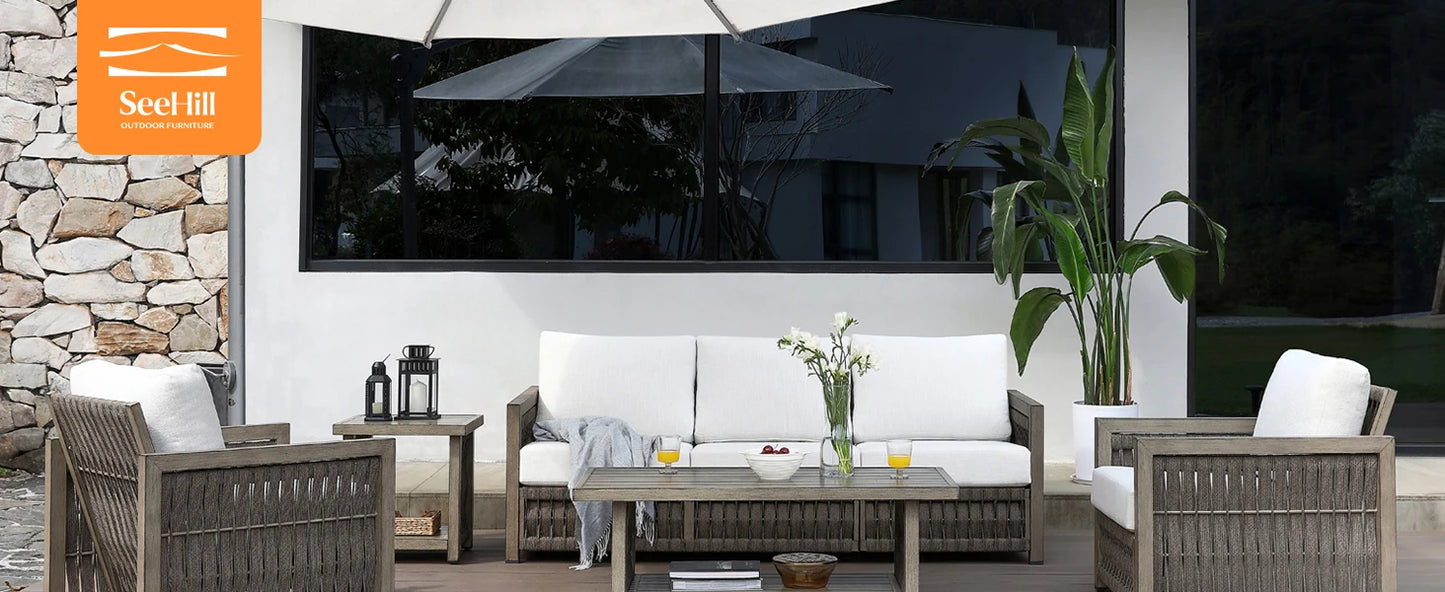 SeeHill 3-Seater Outdoor Sofa, Aluminum Patio Couch with Washable Cushions, Rope Weave Deep Seating Sofa for Garden, Gray Oak