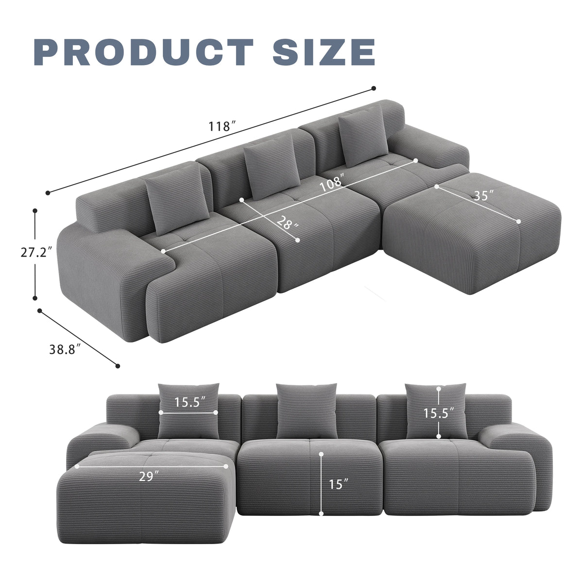 Dark Grey Modular Corduroy Sectional Sofa, Free Combination Lounge Couch with Ottoman, Modern Modular Sofa Set for Living Room