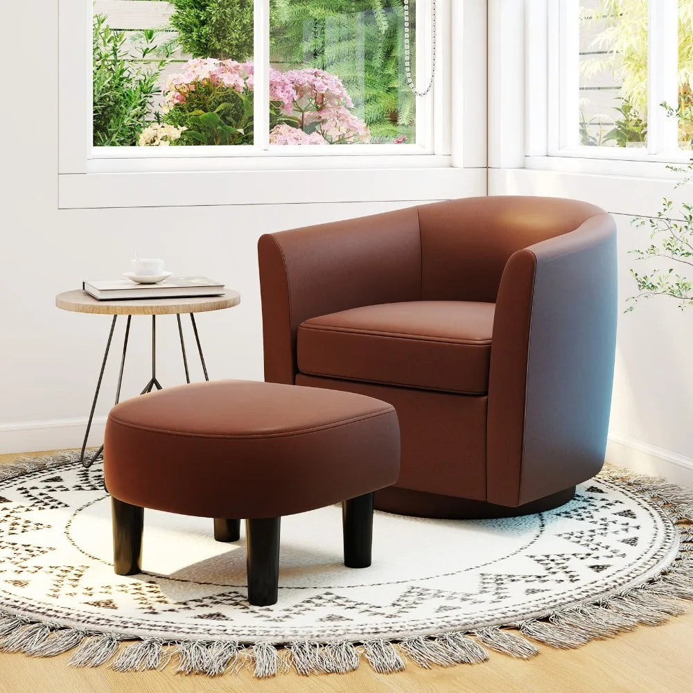 2PCS Swivel Barrel Chair w/Ottoman Footrest Curved Backrest Armrests Living Room