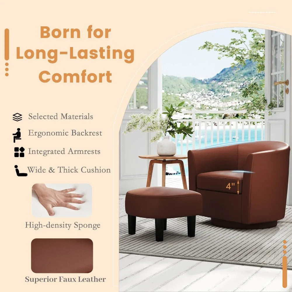 2PCS Swivel Barrel Chair w/Ottoman Footrest Curved Backrest Armrests Living Room