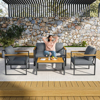 4 Pieces Outdoor Patio Furniture Set, Easy to Clean Metal Balcony Furniture with Plastic-Wood Coffee Table, All-Weather Patio Co