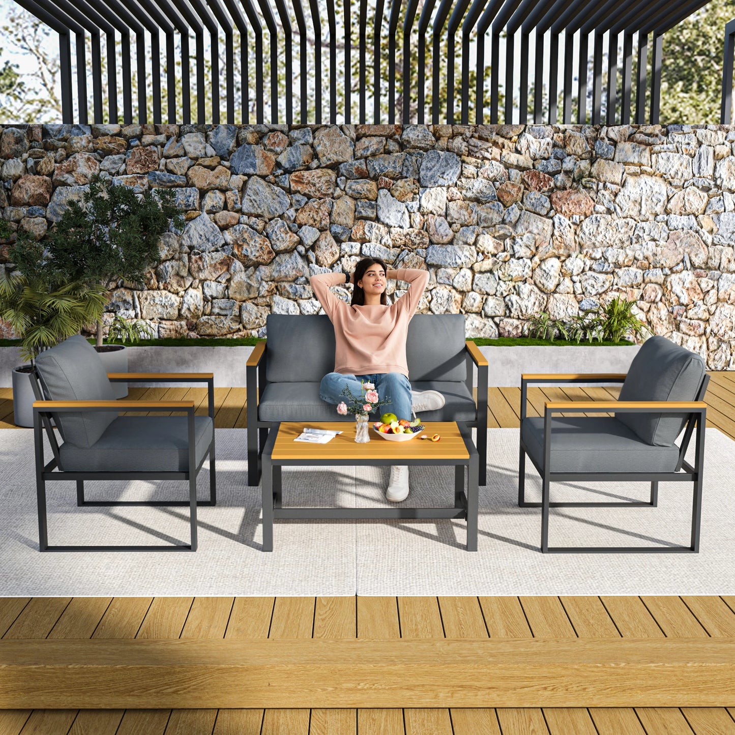4 Pieces Outdoor Patio Furniture Set, Easy to Clean Metal Balcony Furniture with Plastic-Wood Coffee Table, All-Weather Patio Co