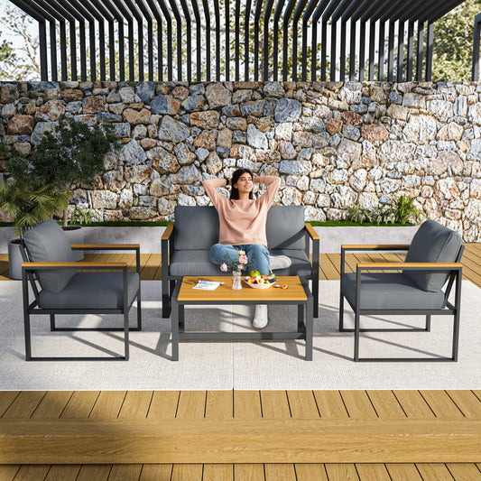 4 Pieces Outdoor Patio Furniture Set, Easy to Clean Metal Balcony Furniture with Plastic-Wood Coffee Table, All-Weather Patio Co