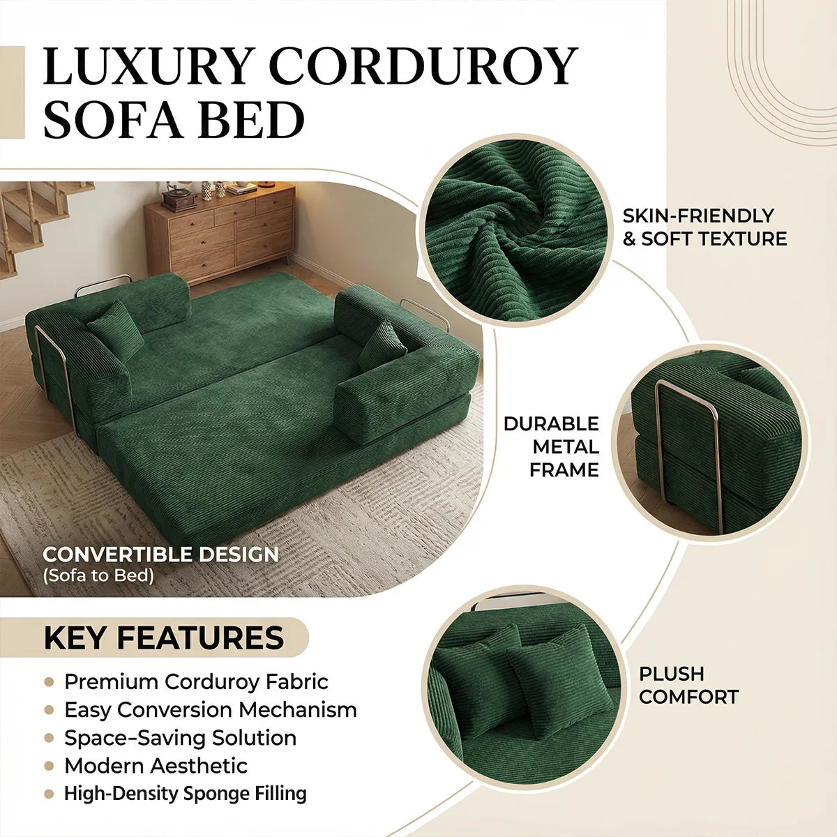 Queen Size Futon Sofa Bed 79' Convertible Couch 4-in-1 Folding Corduroy Boneless Sleeper Loveseat for Living Room