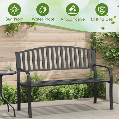 50" Heavy-Duty Garden Bench,600LBS Wrought Iron Welcome Patio Bench with PVC Back and, Outdoor Bench with Armrests for Porch