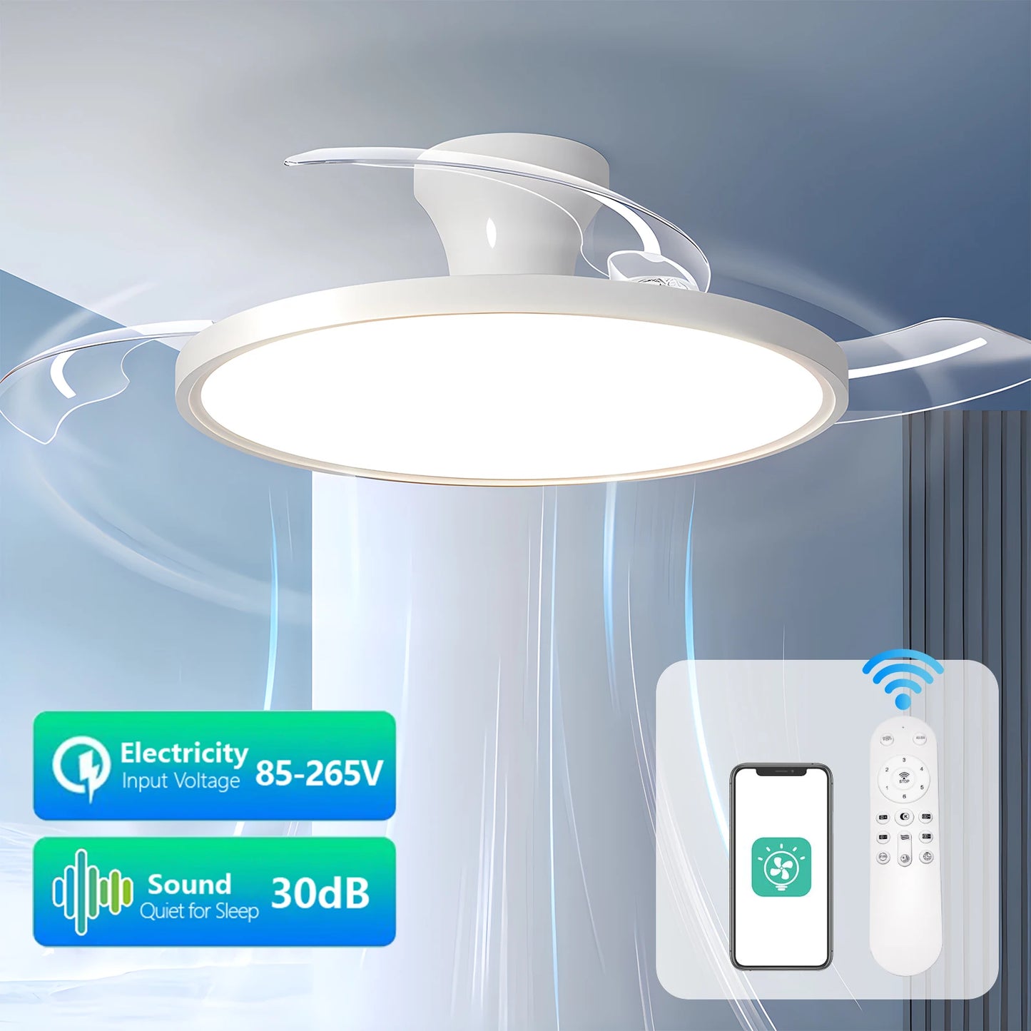 IRALAN Modern Invisible Ceiling Fan with LED Light DC motor Large Air Volume Remote Control for Bedroom Dining room