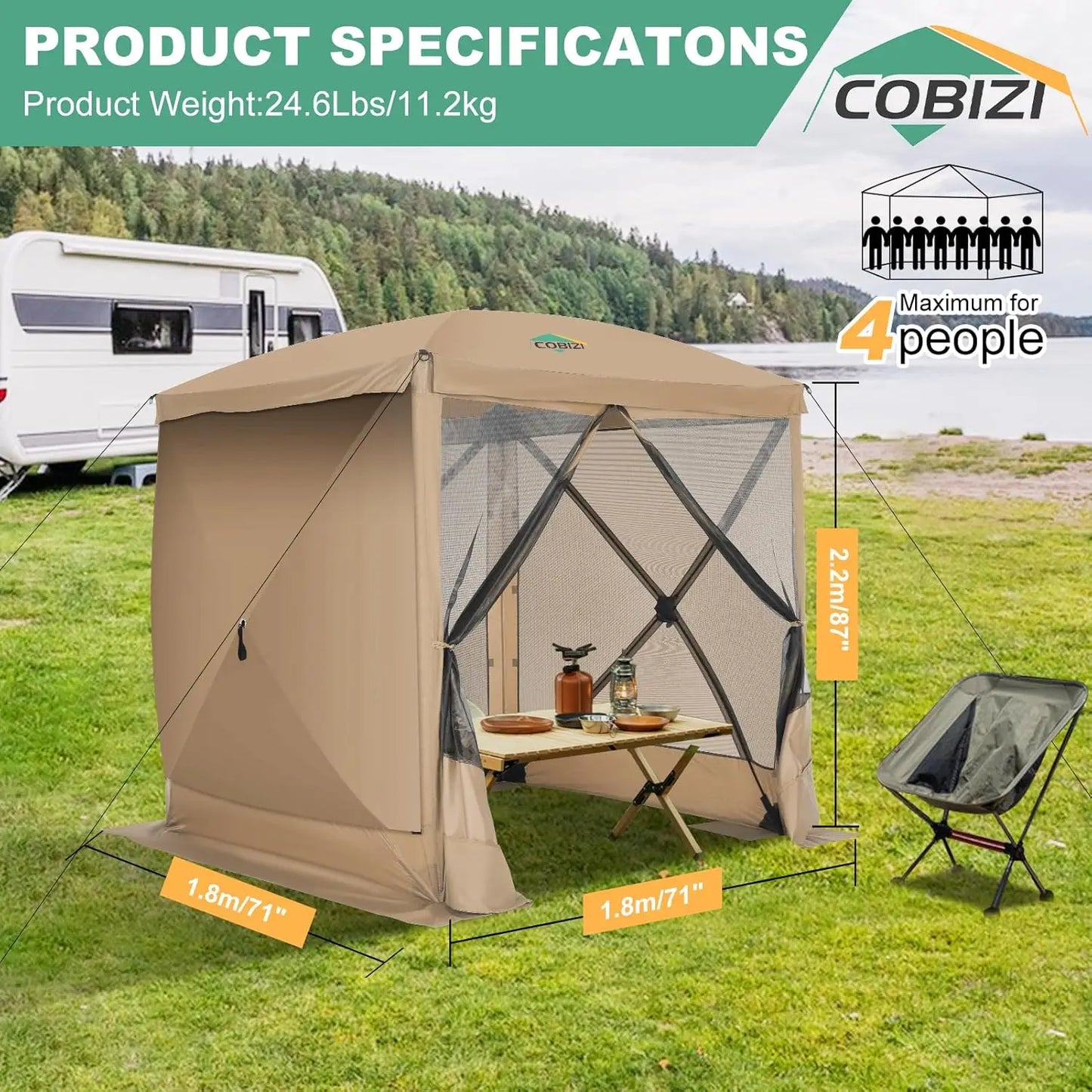 8x8ft Pop Up Gazebo Screen Tent Portable Outdoor Canopy Sunshade Shelter Awning With Carry Bag Ground Stakes With 3 Sidewall
