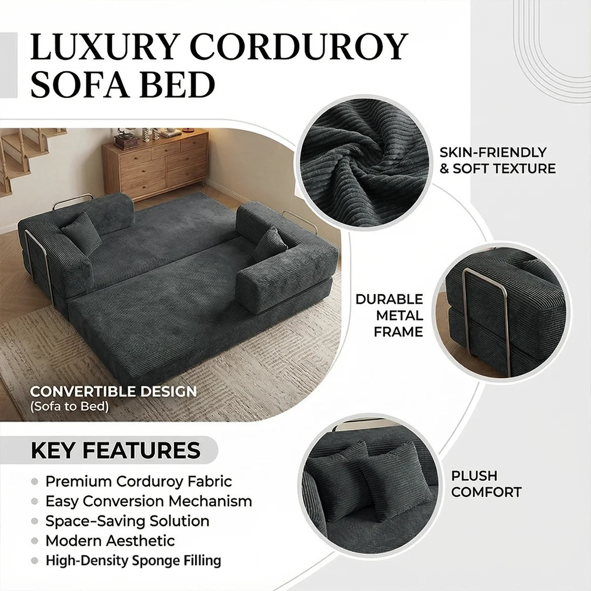 Queen Size Futon Sofa Bed 79' Convertible Couch 4-in-1 Folding Corduroy Boneless Sleeper Loveseat for Living Room
