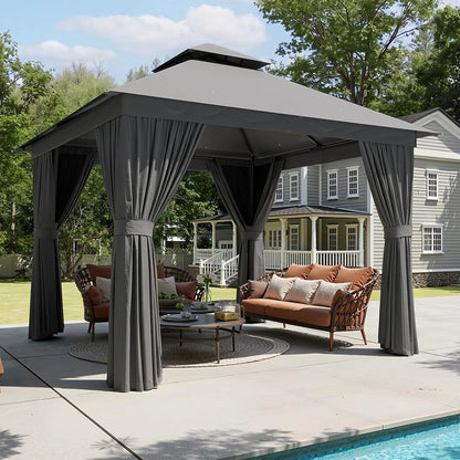 Aoxun 12x10 Heavy Duty Gazebo with Curtain and Mosquito Netting Double Roof Patio Tent Zipper Screen Backyard Garden Lawn Shelter Beige