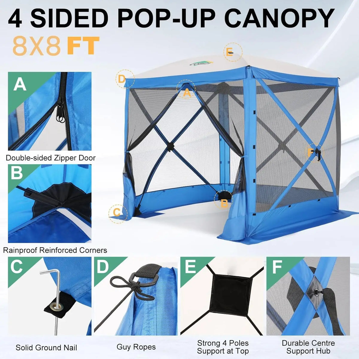 8x8ft Pop Up Gazebo Screen Tent Portable Outdoor Canopy Sunshade Shelter Awning With Carry Bag Ground Stakes With 3 Sidewall