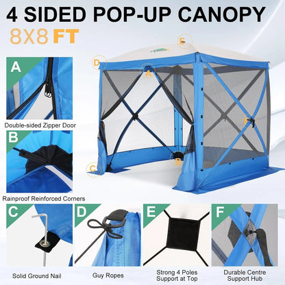 8x8ft Pop Up Gazebo Screen Tent Portable Outdoor Canopy Sunshade Shelter Awning With Carry Bag Ground Stakes With 3 Sidewall