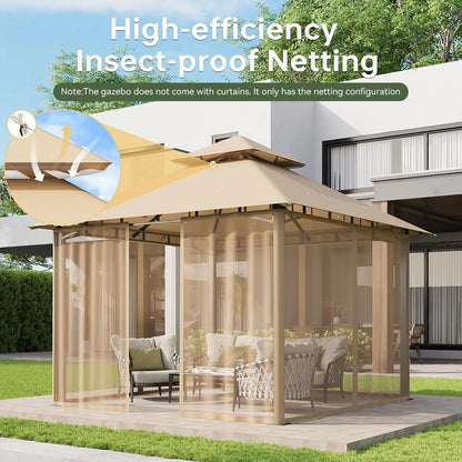 Aoxun 10x10FT Gazebo with Mosquito Netting Double Roof Outdoor Party Tent with Zipper Screens for Backyard Garden