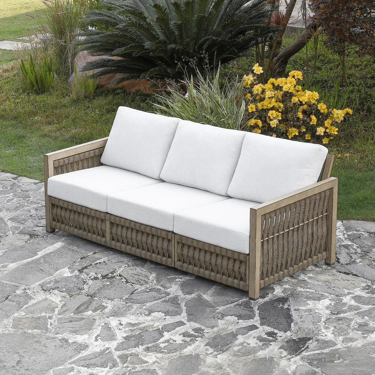 SeeHill 3-Seater Outdoor Sofa, Aluminum Patio Couch with Washable Cushions, Rope Weave Deep Seating Sofa for Garden, Gray Oak