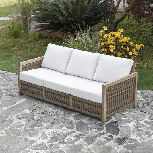 SeeHill 3-Seater Outdoor Sofa, Aluminum Patio Couch with Washable Cushions, Rope Weave Deep Seating Sofa for Garden, Gray Oak