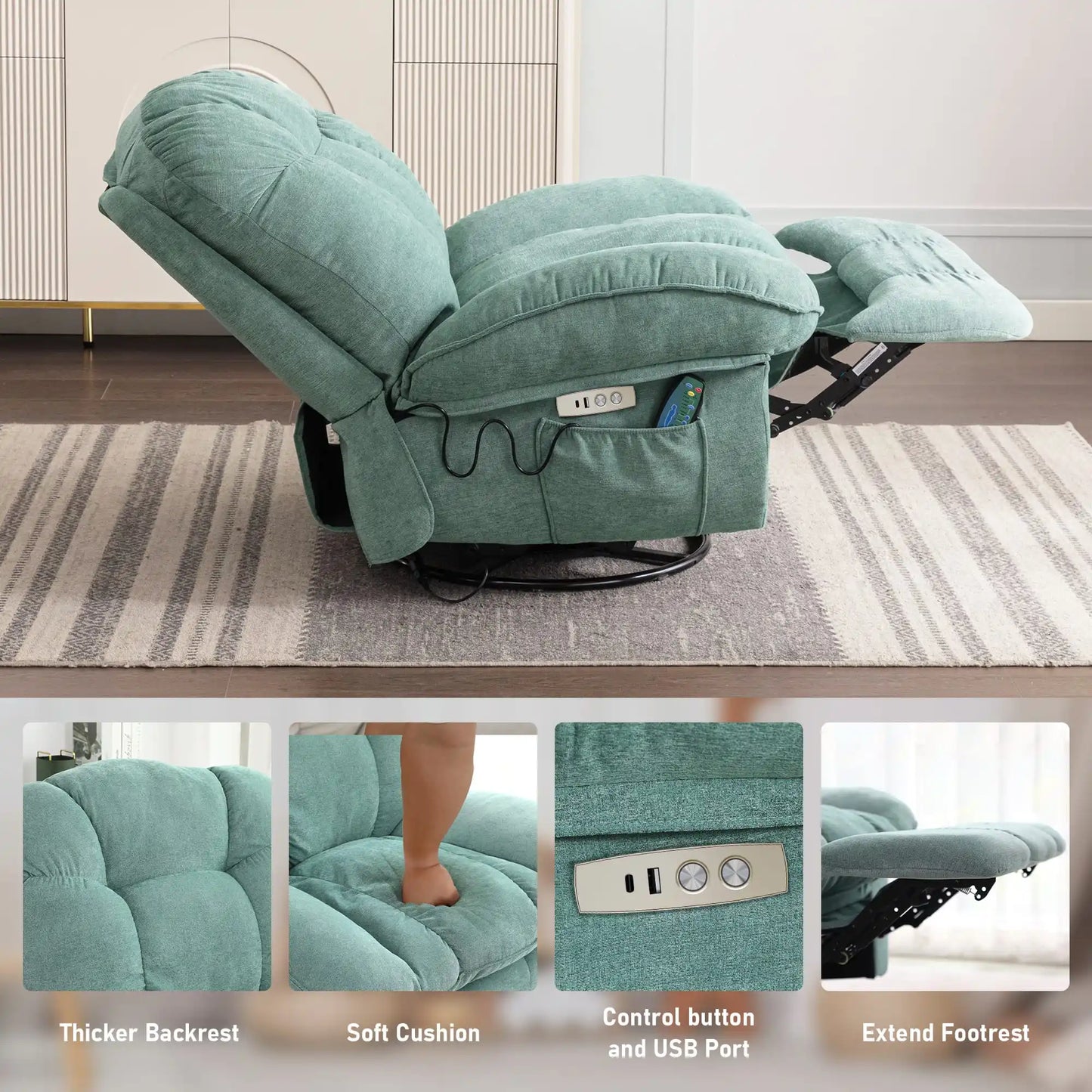 Electric massage and relaxation armchair in mint green, multi-piece airbag massage sofa, adjustable and swivel armchair