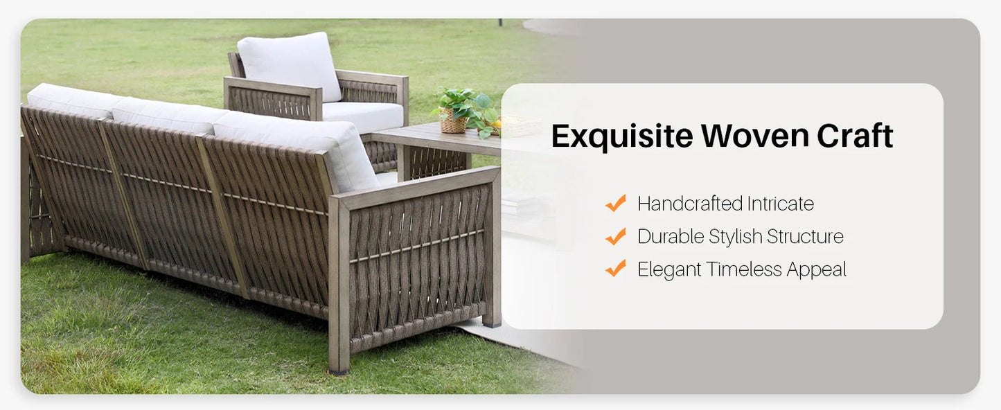 SeeHill 3-Seater Outdoor Sofa, Aluminum Patio Couch with Washable Cushions, Rope Weave Deep Seating Sofa for Garden, Gray Oak