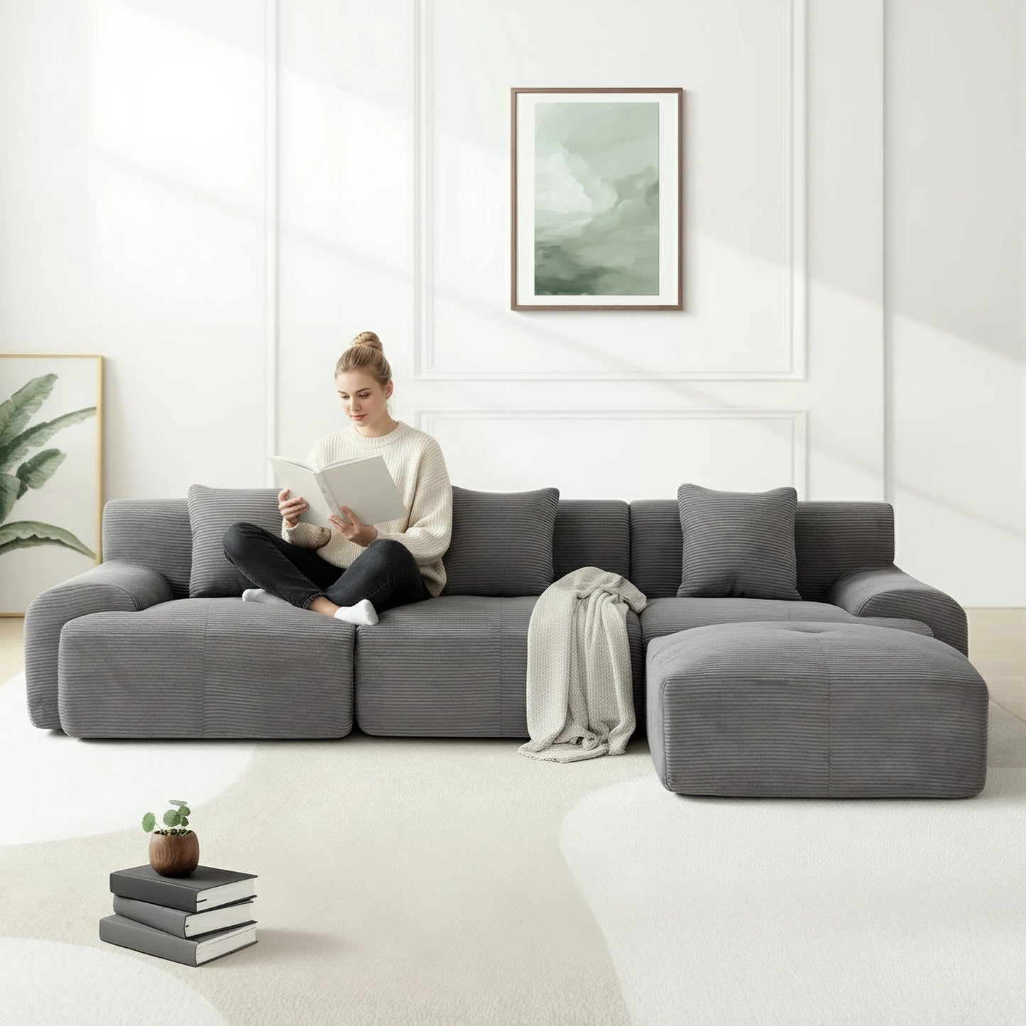 Dark Grey Modular Corduroy Sectional Sofa, Free Combination Lounge Couch with Ottoman, Modern Modular Sofa Set for Living Room