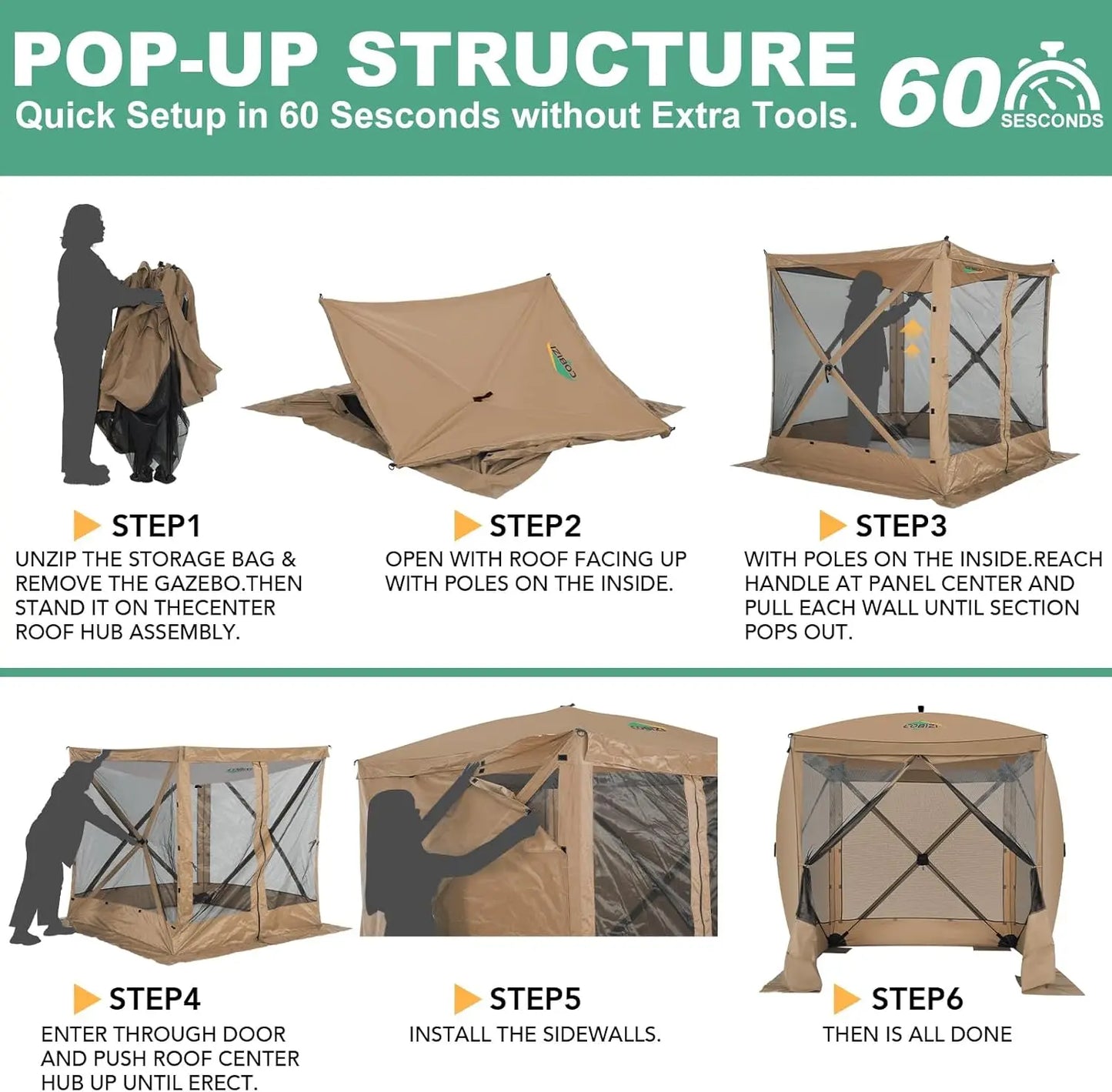 8x8ft Pop Up Gazebo Screen Tent Portable Outdoor Canopy Sunshade Shelter Awning With Carry Bag Ground Stakes With 3 Sidewall