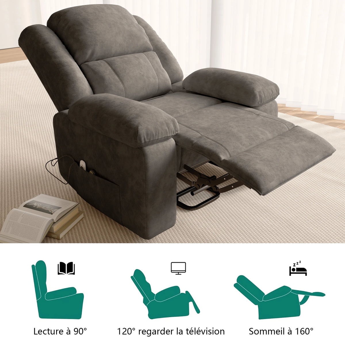 Electric heated Massage Armchair, Armchair Relaxation with reclinting function, vibrating Massage and heating, Gray