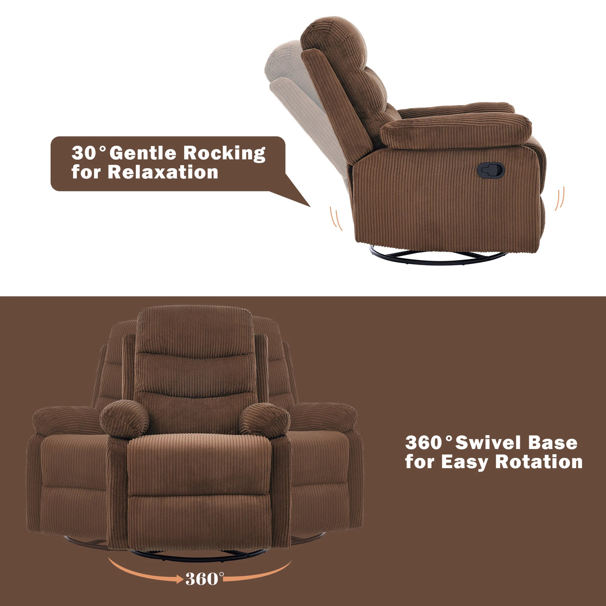 Corduroy Swivel Recliner Chair, Manual Reclining with Footrest, Comfortable Single Sofa for Living Room Bedroom