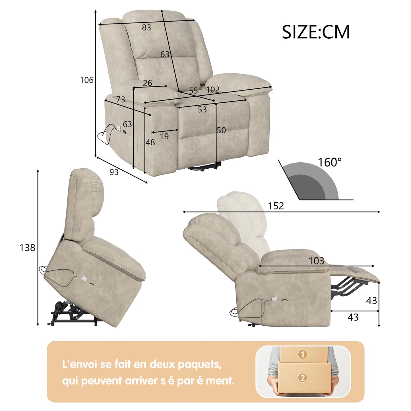 Electric heated Massage Armchair, Armchair Relaxation with reclinting function, vibrating Massage and heating, Gray